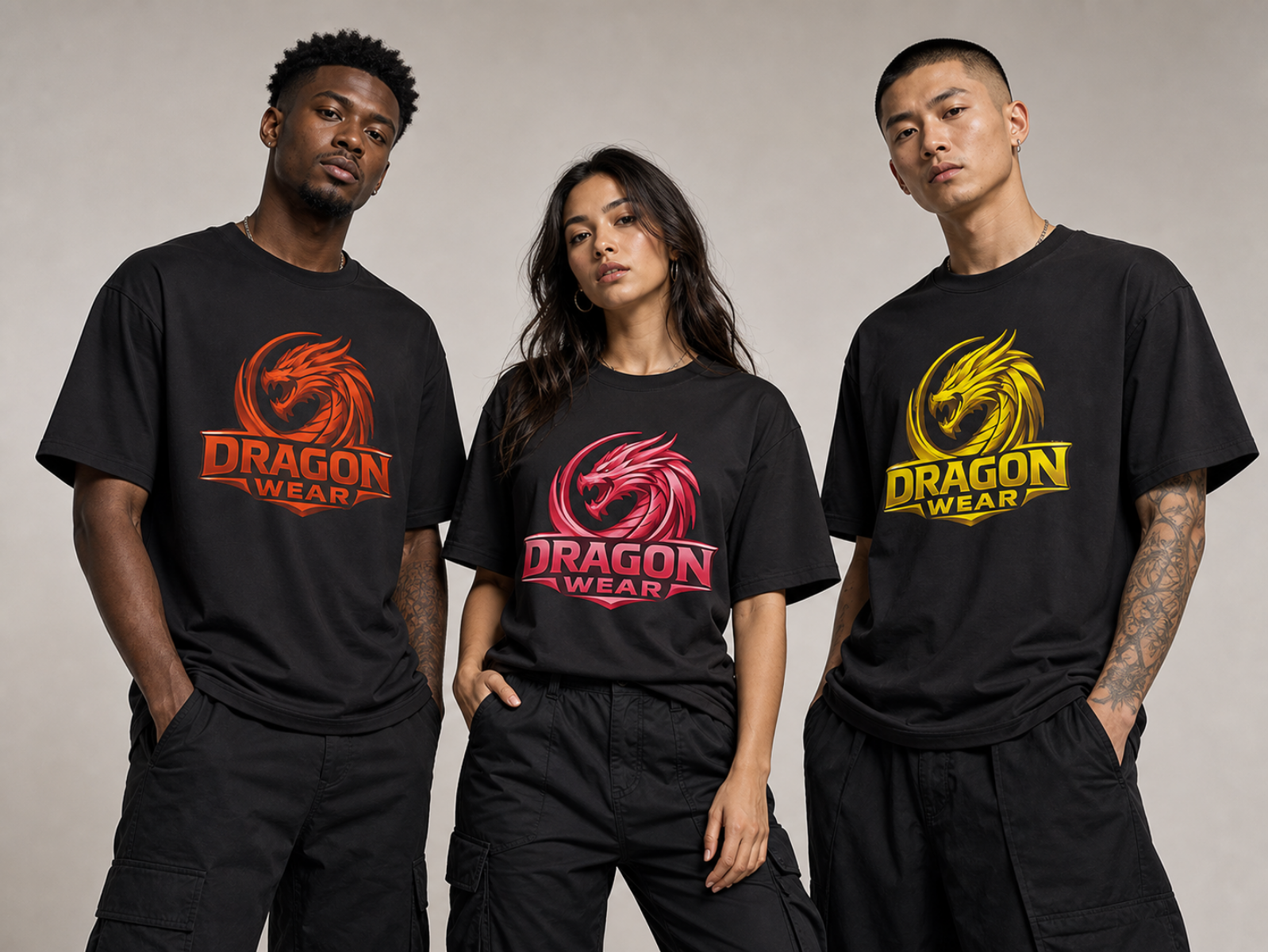 Three models wearing Dragon Wear graphic tees in red, gold, and orange dragon designs