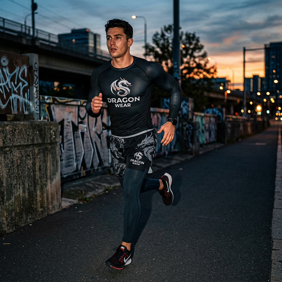 Man running in Dragon Wear performance gear at dusk