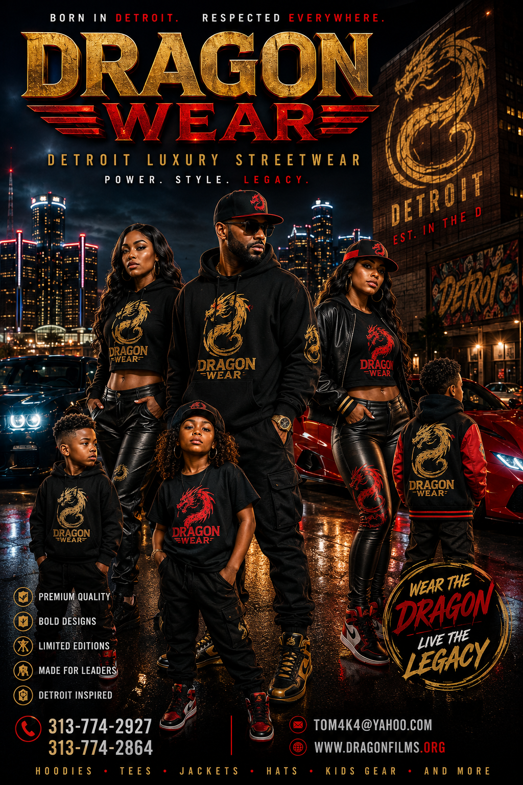 Dragon Wear family lineup in front of the Detroit skyline